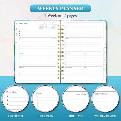 2026 Planner, A5 Weekly and Monthly Planners with Tabs, Spiral Bound Daily Calendar 2026 Planner, Agenda Organizers from Jan. to Dec., Hardcover Habit Tracker Journal 6.18" x 8.5"(Cyan Marble)