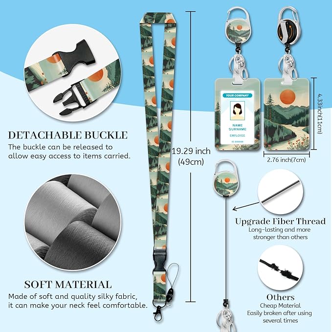 Lanyards for Id Badges, Badge Holder with Retractable Reel Clip, Sunrise Sunset Mountain Tree Work Name Tags Keychain Lanyard ID Card Protector Case for Women Teacher Nurse Doctor Office