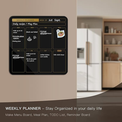 SELEAD Magnetic Glass Planning Board for Small Apartment - 18”x18” Dry Erase Whiteboard Weekly Planner Wall Calendar, Message Memo TODO Board for Home Kitchen, Black&Gold