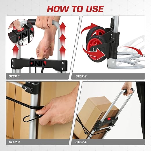 DNA MOTORING Folding Hand Truck, 176lbs Capacity Foldable Dolly Cart for Moving Heavy Loads, Collapsible Hand Truck, w/Telescopic Handle, Bungee Cord, Red, TOOLS-00744