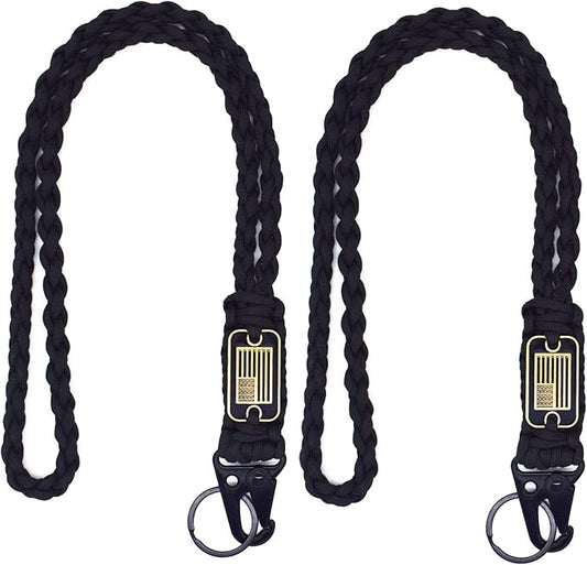 2 Pcs Heavy Duty Braided Paracord Lanyard Keychain with USA Flag, Parachute Rope Necklace Keychains, Braided Strong Lanyard with Metal HK Clip Key Ring for Outdoor Activities, Camera, Traveling