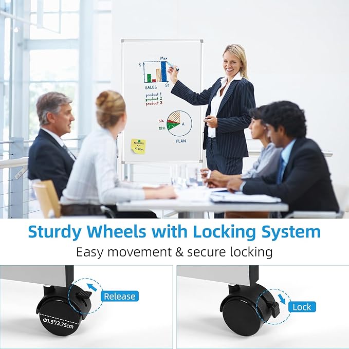 Rolling Mobile Whiteboard, 40 x 28 inches Double Sided Magnetic Whiteboard Easel on Wheels, Height Adjust Protable Dry Erase Board with Stand for Office, Home, Classroom, White