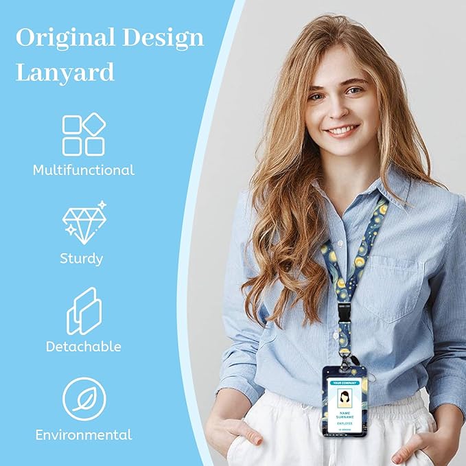 Black Cat Lanyards for Id Badges, Starry Night Badge Holder with Retractable Reel Clip, Work Name Tags Keychain Lanyard with ID Holder, ID Card Protector for Women Teacher Nurse Doctor Office