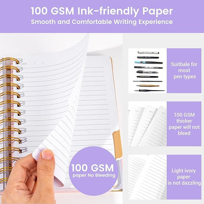 Hardcover Spiral Notebook with Tabs 5.5"x7.5" Small Spiral Lined Journals for Women with Dividers 220 Pages College Ruled Composition Notebook 5 Subject Notebook for Work School Gifts, Purple