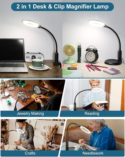 10X Magnifying Glass with Light and Stand, LED 5 Color Modes, Brightness Stepless Dimming Lighted Magnifier Hands Free, Flexible Gooseneck Desk Lamp with Clamp for Close Works, Crafts, Hobby, Painting