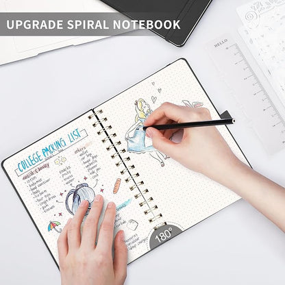 AHGXG Bullet Dotted Journal Spiral Notebook, Hardcover Leather Dotted Notebook 140 Pages, A5 Dot Grid Paper Notebook, 100 gsm Thick Paper, for Bullet Journaling, 5.7" x 8.3", Black