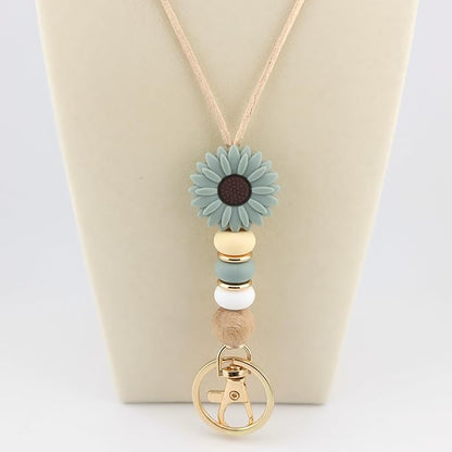 Flower Teacher Lanyards ID Badge and Key Chain, Cute Silicone Beads Lanyard for Women Nurse Work Student (Green)