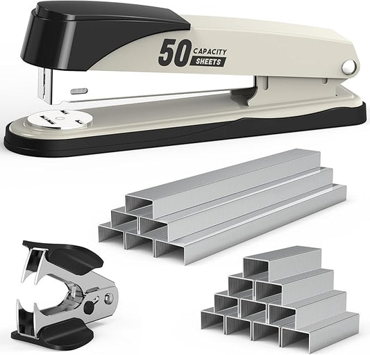 Metal Stapler Heavy Duty 50 Sheet Capacity with 1750 Staples and Staple Remover, White Stapler Full Strip Staplers for Desk, No Jam, Non-Slip Office Stapler with Staples for Office & Classroom, White