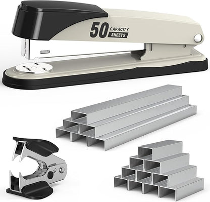 Metal Stapler Heavy Duty 50 Sheet Capacity with 1750 Staples and Staple Remover, White Stapler Full Strip Staplers for Desk, No Jam, Non-Slip Office Stapler with Staples for Office & Classroom, White