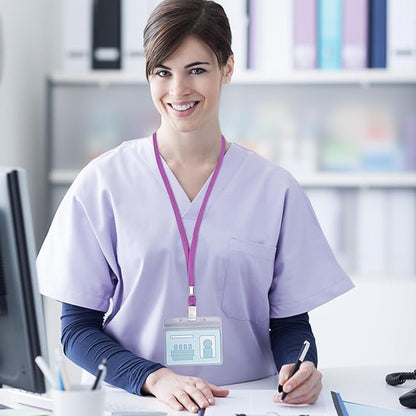 100Pcs Clear Plastic Horizontal Name Tags Badge ID Card Holders and 100Pcs Lanyards with Clip (Purple)