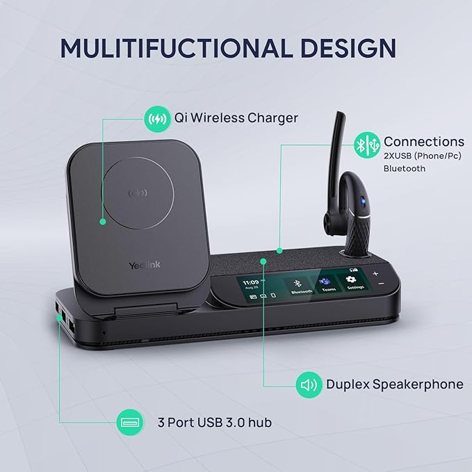 Yealink BH71 Bluetooth Headset Workstation, Office Wireless Headset with Noise Canceling Mic, Speakerphone, Wireless Charging Pad, Charging Case, Connect to Desk Phone, PC, Work with Teams Zoom