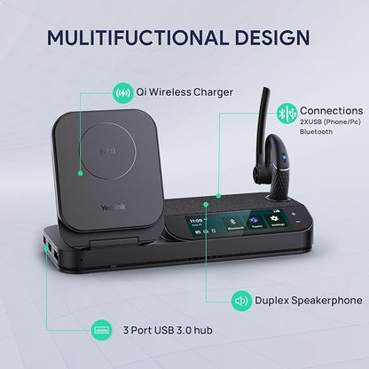 Yealink BH71 Bluetooth Headset Workstation, Office Wireless Headset with Noise Canceling Mic, Speakerphone, Wireless Charging Pad, Charging Case, Connect to Desk Phone, PC, Work with Teams Zoom