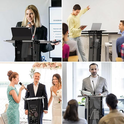 Acrylic Podium Stand，49“ Tall Portable Podium with Lockable Wheels, Black lecterns & Podium with Storage Shelf for Classroom, Pulpit Podium for Church,Wedding,Presentation