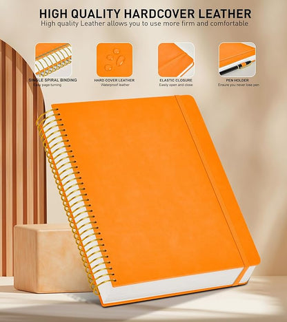 A4 Spiral Notebook Journal 8.5” x 11”, 256 Numbered Pages Hardcover Leather Journals for Women Men, Large Lined College Ruled Notebooks, 100GSM Thick Paper, Spiral Bound Journal for Work School Orange