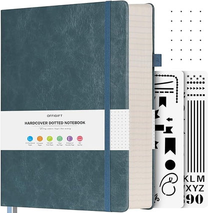 Dotted Journal Notebook, 312 Numbered Pages Large B5 Hardcover Leather Notebook, 100gsm No Bleed Paper Dot Grid Notebook with Index Pages, Dot Journal for Women Men, 7.6'' X 10'', Grey Blue