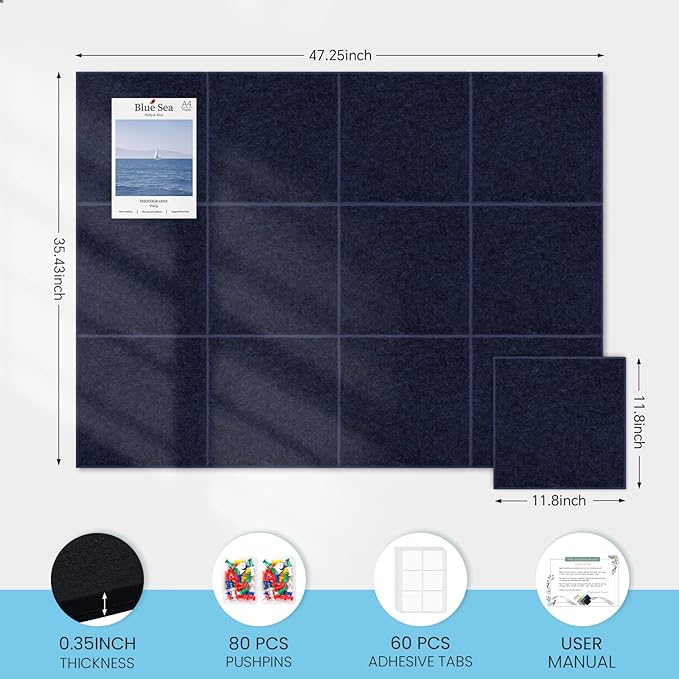 Large Cork Bulletin Board for Wall 48"x36", 12 Pack Felt Wall Tiles with 80 Pushpins, 60 Safe Removable Adhesive Tabs, Decorative Pin Board Tack Board for Office Home School, Dark Blue