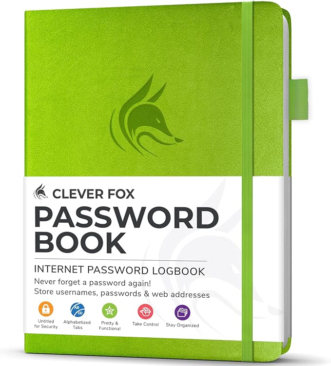 Clever Fox Password Book with Alphabetical tabs. Internet Address Organizer Logbook. Small Pocket Password Keeper for Website Logins (Green)