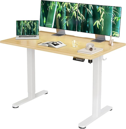 Bamboo Electric Standing Desk, Adjustable Height Stand up Desk, 48x24 Inches Sit Stand Home Office Desk with Splice Board, White Frame/BambooTop