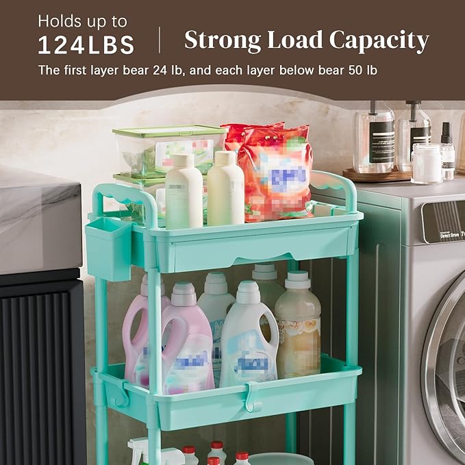 Rolling Utility Cart with Drawer 3 Tier, Utility Storage Organizer with Plastic Shelf & Lockable Wheels Multifunctional Storage Cart for Kitchen, Bathroom, Office, Living Room, Blue