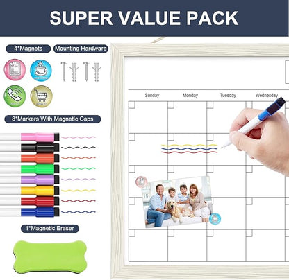 Calendar Whiteboard for Wall, TANKEE 17x13 Inches Dry Erase Calendar, Magnetic Small White Board with Wood Frame, Hanging Dry Erase Board for Wall Kitchen Home Office Planner