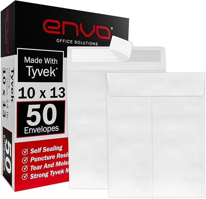 10x13 Envelopes, Tyvek Envelopes, Mailing Envelopes 10x13, Catalog Envelopes, Self Sealing Closure, Tyvek Material, 14 lb., Puncture, Tear & Moisture Resistant, Bulk (50 Pack)