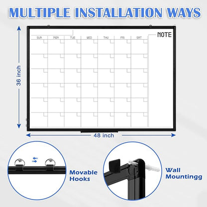 WALGLASS Dry Erase Calendar Whiteboard, 48" x 36" Monthly Large Dry Erase Calendar for Wall, Double-Sided Hanging Calendar White Board with Black Aluminum Frame for Home, School, Office, Kitchen