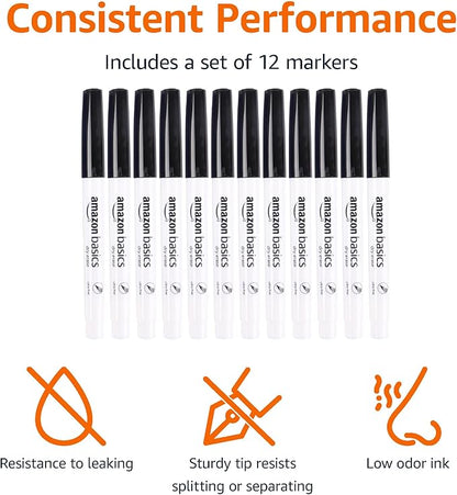 Amazon Basics Dry Erase Markers, Low Odor Ultra Fine Tip, 12-Pack, Black