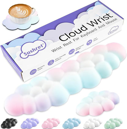 Cloud Wrist Rest Keyboard, Cloud Palm Rest Set with PU Leather Memory Foam, Cute Keyboard Rest for Wrist Support and Arm Rest, Desk Cloud Wrist Pad for PC/Gaming/Hand Cushion/Computer-Rainbow