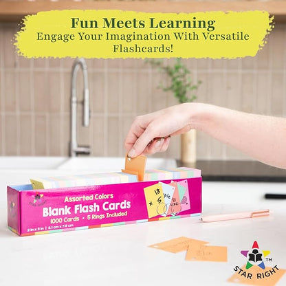 Star Right Assorted Colored Blank Flash Cards - Note Cards with Rings - 2"x3" Blank Index Note Cards, Flash Cards Blank, 1000 Pre Hole Punched Index Cards with Metal Binder Rings, Blank Flashcards