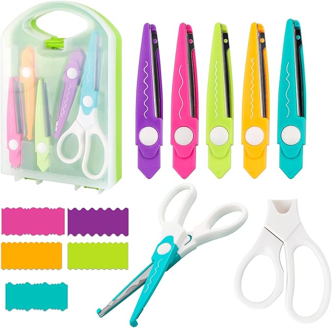 6Pcs/Set Craft Scissors Decorative Paper Edge Scissors With Storage Box Set, 5 Kinds Zig Zag Edges Scissors Great for DIY Projects Paper Card,Photo, Scrapbook,Office School Home Manual (Green)