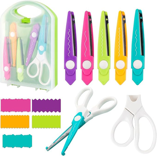 6Pcs/Set Craft Scissors Decorative Paper Edge Scissors With Storage Box Set, 5 Kinds Zig Zag Edges Scissors Great for DIY Projects Paper Card,Photo, Scrapbook,Office School Home Manual (Green)