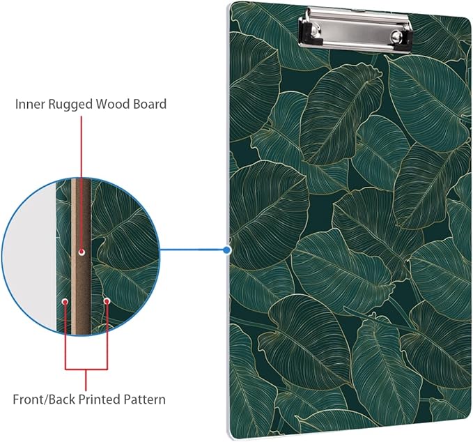 WAVEYU Fashion Cute Clipboard, Decorative Office School Hardboard Wood Nursing Clip Board for Standard A4 Letter Size for Students, Women, Men and Kids, 12.5"x 9", Green Leaves