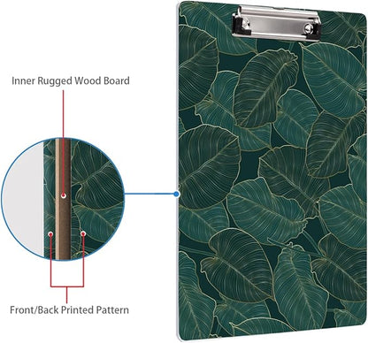 WAVEYU Fashion Cute Clipboard, Decorative Office School Hardboard Wood Nursing Clip Board for Standard A4 Letter Size for Students, Women, Men and Kids, 12.5"x 9", Green Leaves