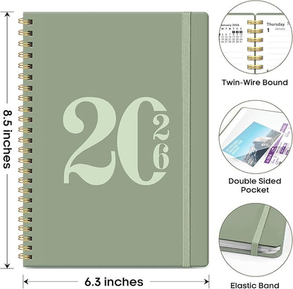 2026 Planner, Weekly and Monthly Calender Planner, Jan 2026 to Dec 2026, Hardcover 2026 Calendar Planner Book with Tabs & Inner Pocket, Office Home School Supplies for Women & Men - A5 (6.3" x 8.5"), Green