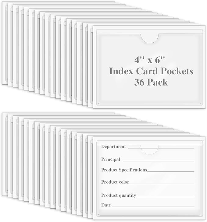 36 Pack Adhesive 4" x 6" Index Card Pockets with Top Open for Loading, Clear Plastic Labels Holders for Organizing, Storage Bins, Library Card, Totes, Shelves