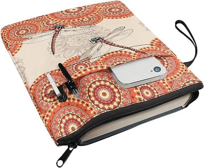 COEQINE Dragonfly Book Sleeve Vintage Mandala Book Cover for Hard Cover Paperbacks Portable Chain Front Pocket for Women Girls,Orange