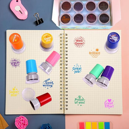 Teacher Stamps Self Inking for Classroom Rubber Stamp for Grading Homework Test Motivation Students Behavior Reward Supplies 8Pcs