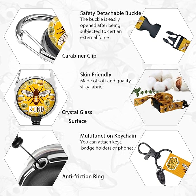 Cute Bee Kind Lanyards for Id Badges, Retractable ID Badge Holder with Detachable Lanyard, Fashionable Badge Reel Heavy Duty with 360 Degrees Rotate Carabiner Clip, Nurse Teacher Office Gifts