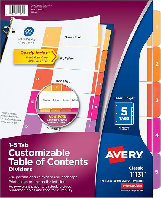 Avery 5 Tab Dividers for 3 Ring Binders, Customizable Table of Contents, Multicolor Tabs, 1 Set (11131)