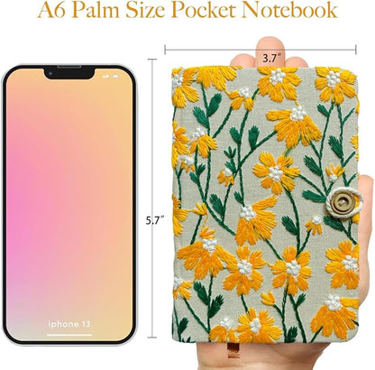 Daisy Gifts for Women, Flower Embroidered Journal, A6 Pocket Sketchbook, Small Unlined Notebook 4x6, Hardcover, Lay Flat, Cute Notebooks, Pretty Journal, Yellow Daisy