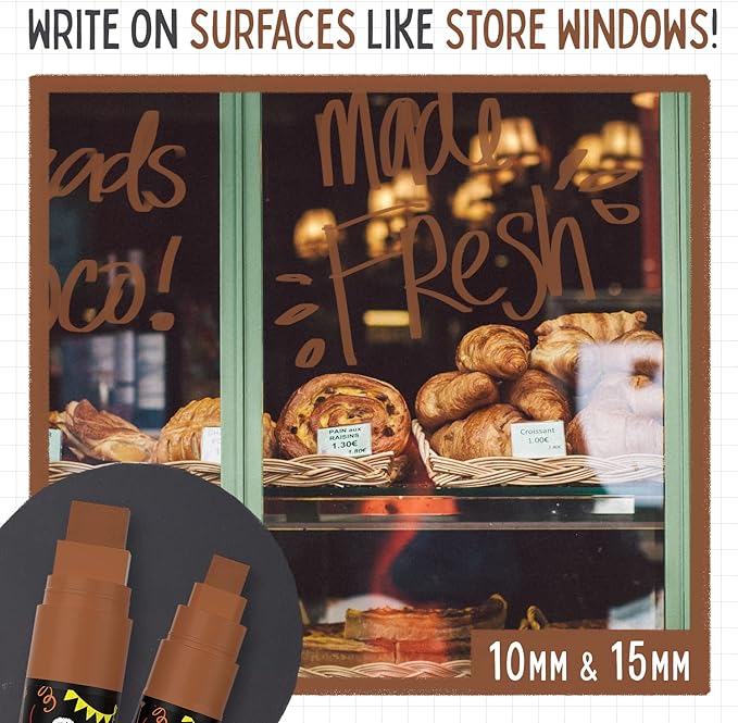 5 Brown Chalkboard Chalk Markers - Brown Dry Erase Markers for Blackboard, Chalkboard Signs, Windows, Glass | Variety Pack - Fine & Jumbo Size Ink Pen (1mm, 3mm, 6mm, 10mm, 15mm)