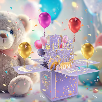 Surprise Pop Up Happy Birthday Cards, Lovely 3D Birthday Card for Adults and Kids with Envelopes, Unique Design Handmade Foldable Greeting Cards for Daughter, Son, Mom, Dad, Friend（Purple）