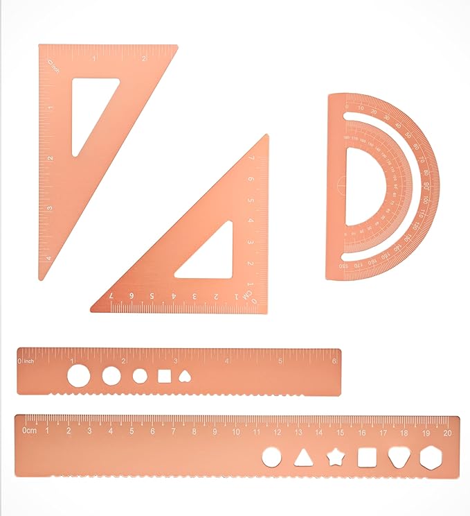 5 Pcs Metal Geometry Set, Math Drafting Ruler Kit- Aluminum Triangle Rulers, Protractor, 8 Inch and 6 Inch Drawing Ruler, Measuring Tool for School and Office (Metric and Inch, Gold)