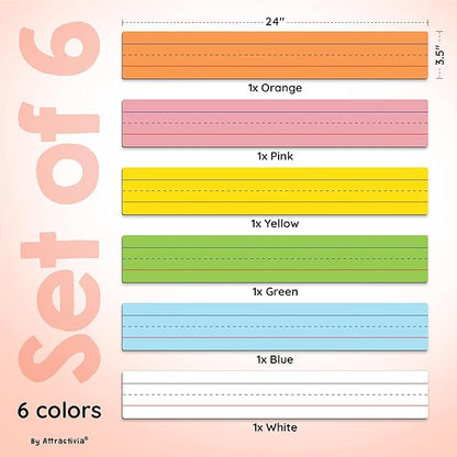 Dry Erase Magnetic Sentence Strips for Teachers, Whiteboards & Classrooms - 24" x 3.5" - 6 Colored Sentence Strips - Practice Handwriting, Sight Words, Spelling and Math
