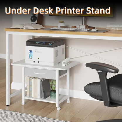 22"x15" Large Printer Stand with Storage Drawer, 2-Tier Under Desk Printer Table for Home Office, Printer Cart fit Fax Machine/3D Printer/Scanner(White)