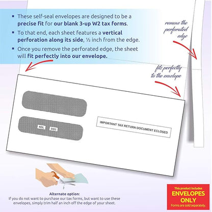 NextDayLabels - 100 Self Seal Envelopes, Designed to fit 3-up Laser W-2 Forms, Horizontal Format