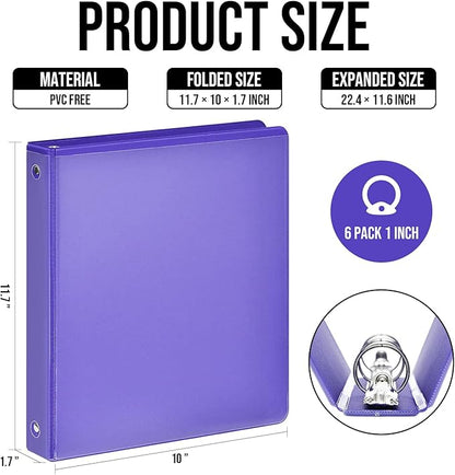 3 Ring Binder 1 Inch, IntoJoy 6 Pack Clear View 3 Hole Binder PVC-Free Fits 8.5x11 Inch Paper Flexible Round Ring Binders for School Office Home Binder Supplies (Purple)