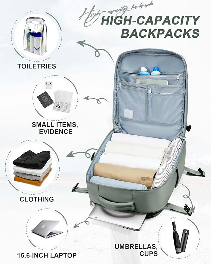 Large Travel Carry on Laptop Backpack for Women Men, Expandable Flight Approved Backpack, Waterproof Sports College bag Casual Daypack for Weekender Business Hiking with Shoe Compartment Light Green