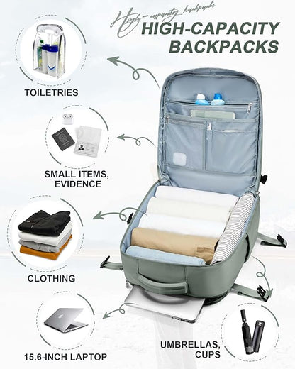 Large Travel Carry on Laptop Backpack for Women Men, Expandable Flight Approved Backpack, Waterproof Sports College bag Casual Daypack for Weekender Business Hiking with Shoe Compartment Light Green