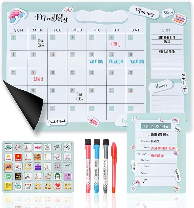 DAYLINDGO Magnetic Refrigerator Calendar - Magnetic Fridge Calendar 12.6" x 8.7" 3 Markers & 1 Invisible Ink & Grocery List Dry Erase Magnet Calendar for Fridge Kitchen Organization, Shipped Flat